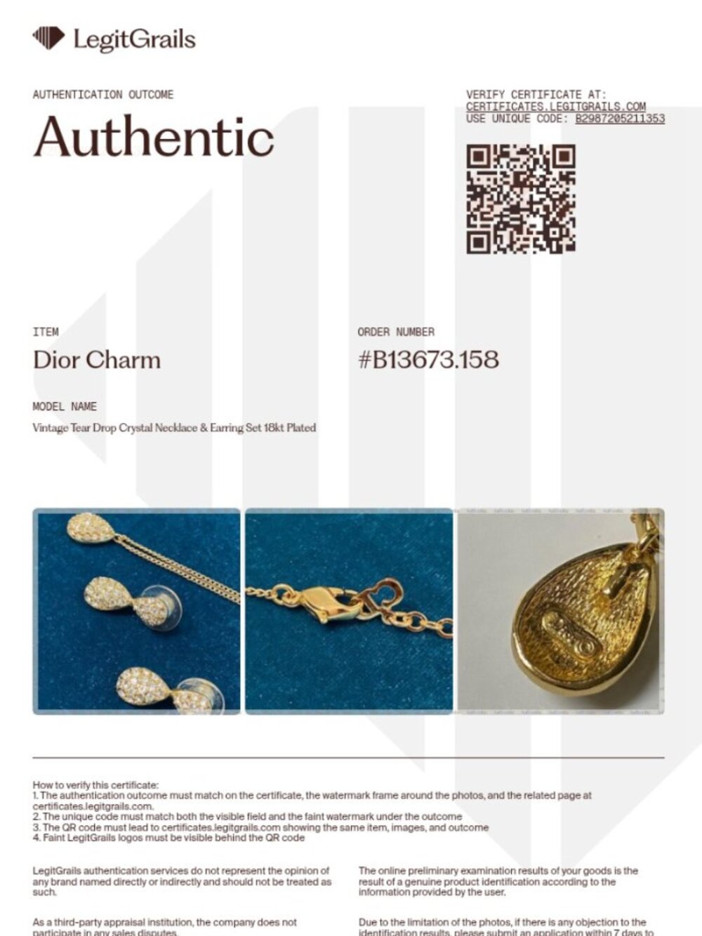 COA Christian Dior Vintage Set Pendant & Earrings 18kt Gold Plate Crystal Drop